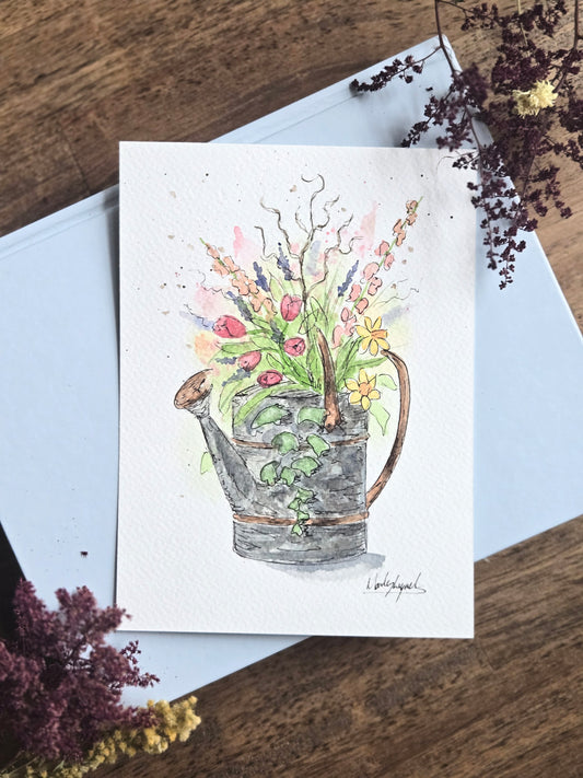 Floral Watering Can Original Watercolor