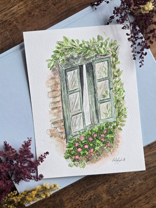 Floral Window Original Watercolor